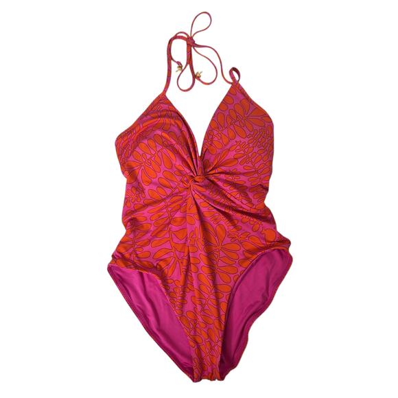 Trina Turk Trellis Twist One Piece Swimsuit Pink Orange Halter Tie Women 6 - Picture 2 of 11